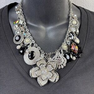 Handmade Charm Junk Charm Silvertone Black Sparkly Statement 19" to 22"